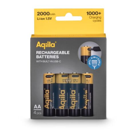 Lot de 4 piles rechargeables AA Aqiila USB-C 2000 mAh Noir