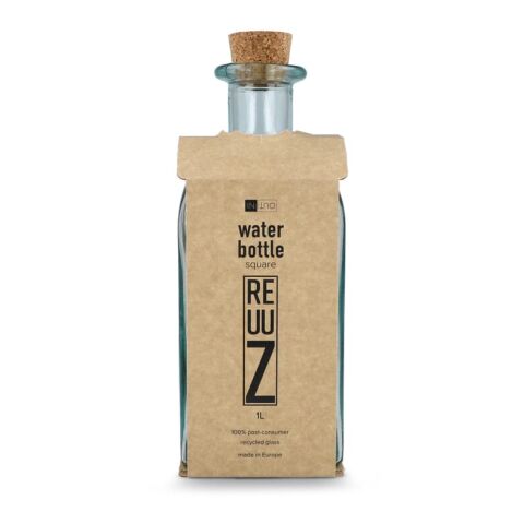 Bouteille en verre recyclé InSideOut Square ReuuZ avec bouchon en liège 1 L Transparent | sans marquage | non disponible | non disponible