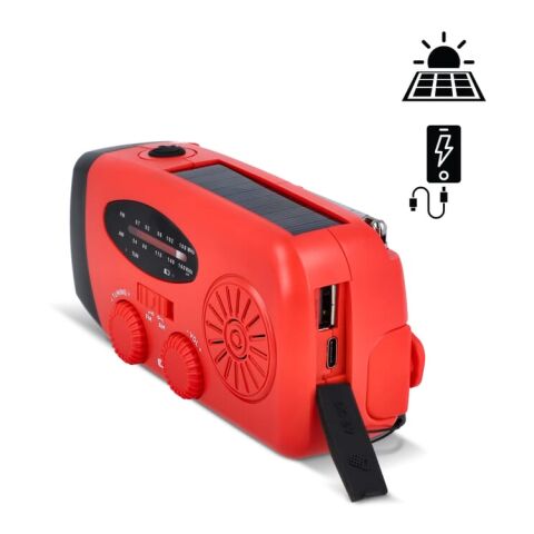 SafeSound Radio d'urgence solaire avec manivelle et powerbank Rouge / blanc | Tampographie 1 couleur | face avant | 35 mm x 8 mm