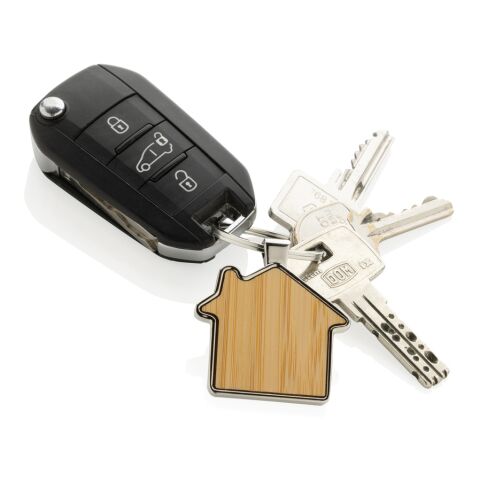 Porte-clés maison en alliage de zinc RCS et bambou argent-marron | sans marquage | non disponible | non disponible