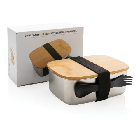 Boîte à Lunch en acier avec couvercle en bambou et cuichette argent | sans marquage | non disponible | non disponible