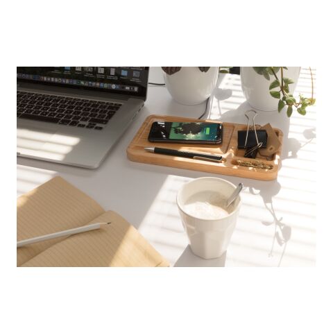 Organiseur de bureau en bambou avec chargeur 10W FSC® marron | sans marquage | non disponible | non disponible
