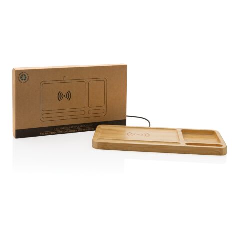 Organiseur de bureau en bambou avec chargeur 10W FSC® marron | sans marquage | non disponible | non disponible