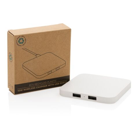 Chargeur 10W avec ports USB en plastique recyclé RCS blanc | sans marquage | non disponible | non disponible