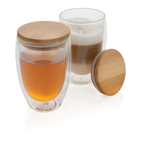 Set de 2 Verres double paroi 350ml avec couvercle en bambou blanc | sans marquage | non disponible | non disponible