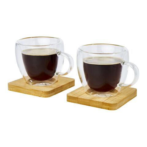 Tasse Manti 2 pièces en verre à double paroi de 100 ml avec sous-verre en bambou Standard | Translucide-Naturel | sans marquage | non disponible | non disponible
