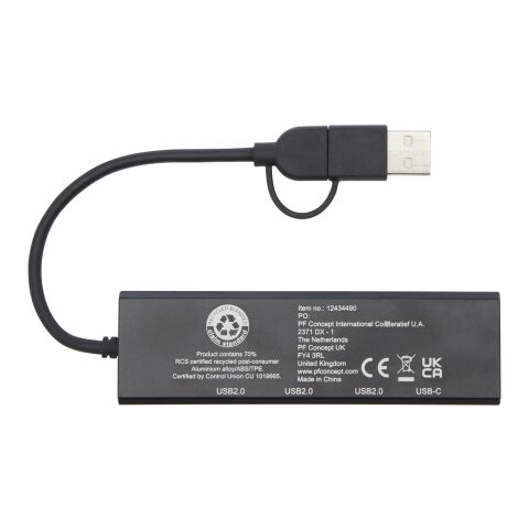 Concentrateur USB 2.0 Rise en aluminium recyclé certifié RCS Standard | Noir | Not applicable | sans marquage | non disponible | non disponible