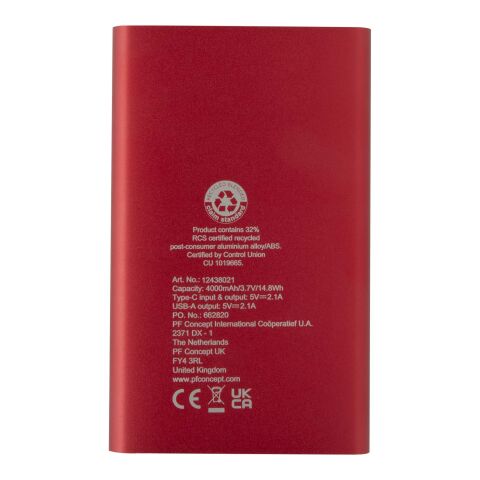 Batterie de secours en aluminium Pep de type-C de 4 000 mAh Standard | Rouge | sans marquage | non disponible | non disponible