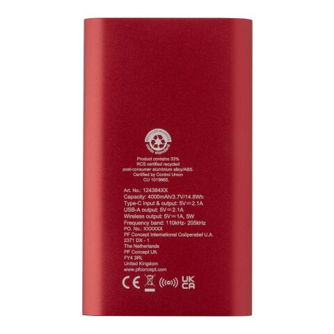 Batterie de secours sans fil en aluminium recyclé Juice type-C de 4 000 mAh Standard | Rouge | sans marquage | non disponible | non disponible