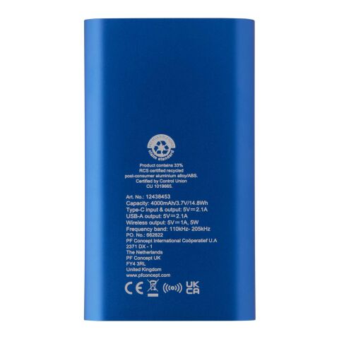 Batterie de secours sans fil en aluminium recyclé Juice type-C de 4&nbsp;000&nbsp;mAh Bleu royal