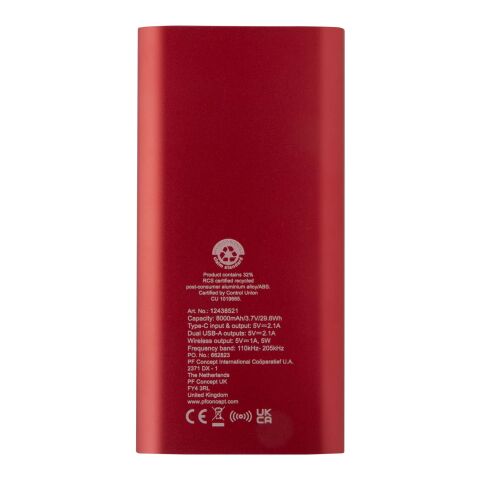 Batterie de secours sans fil en aluminium recyclé Juice type-C de 8 000 mAh Standard | Rouge | sans marquage | non disponible | non disponible