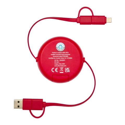 Câble rétractable 5 en 1 Alasia de 100 cm en plastique recyclé et aluminium pour la synchronisation des données et la charge rapide de 45 W Standard | Rouge | sans marquage | non disponible | non disponible