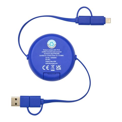 Câble rétractable 5 en 1 Alasia de 100&nbsp;cm en plastique recyclé et aluminium pour la synchronisation des données et la charge rapide de 45&nbsp;W Standard | Bleu royal | sans marquage | non disponible | non disponible