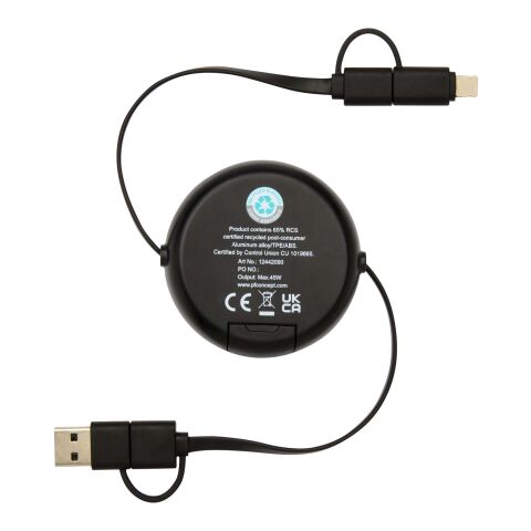 Câble rétractable 5 en 1 Alasia de 100 cm en plastique recyclé et aluminium pour la synchronisation des données et la charge rapide de 45 W Standard | Noir | sans marquage | non disponible | non disponible