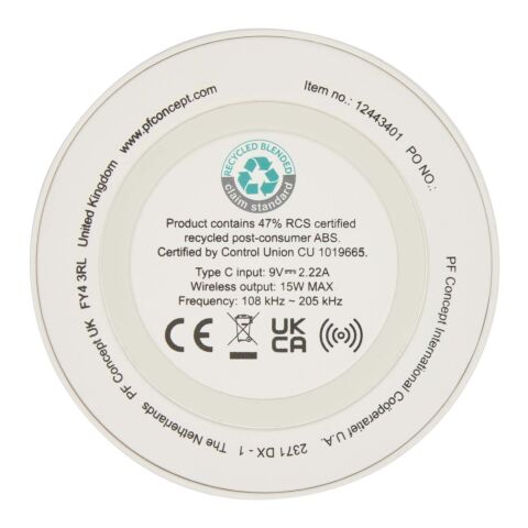 Tapis de charge sans fil Freal de 15 W en plastique recyclé Standard | blanc | sans marquage | non disponible | non disponible