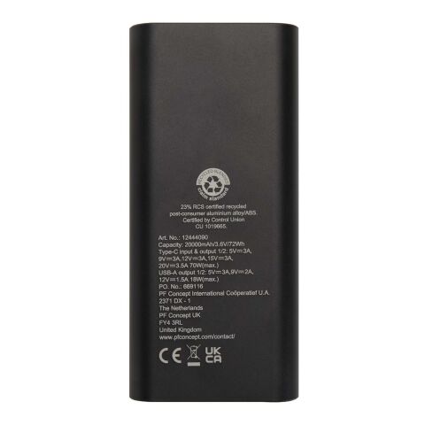 Batterie de secours Acamar de 20 000 mAh et 70 W en aluminium recyclé pour ordinateur portable Standard | Noir | sans marquage | non disponible | non disponible