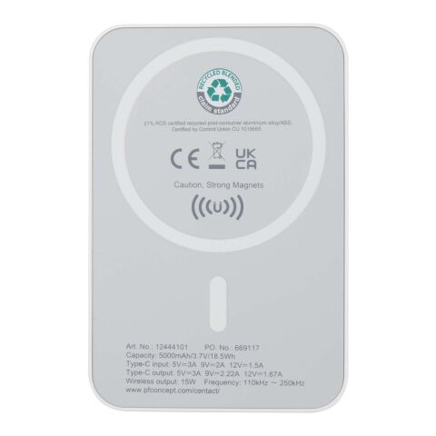 Batterie de secours Acrab magnétique sans fil de 5 000 mAh et 15 W avec PD de 20 W - fabriquée en plastique recyclé Standard | Blanc | sans marquage | non disponible | non disponible