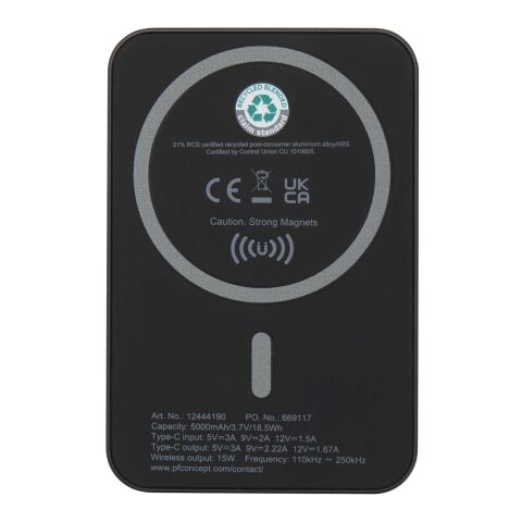 Batterie de secours Acrab magnétique sans fil de 5&nbsp;000&nbsp;mAh et 15&nbsp;W avec PD de 20&nbsp;W - fabriquée en plastique recyclé Standard | Noir | sans marquage | non disponible | non disponible