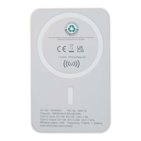 Batterie de secours Acrab magnétique sans fil de 10&nbsp;000&nbsp;mAh et 15&nbsp;W avec PD de 20&nbsp;W - fabriquée en plastique recyclé Standard | Blanc | sans marquage | non disponible | non disponible