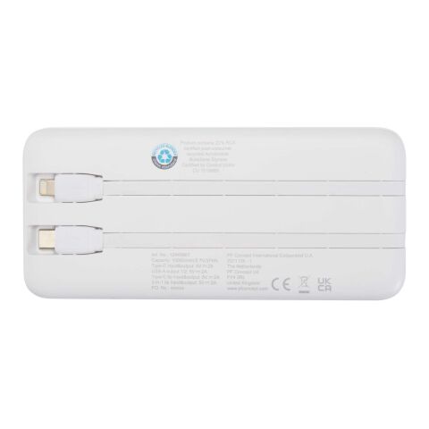 Batterie de secours Adhil de 10&nbsp;000&nbsp;mAh et 10&nbsp;W en plastique recyclé avec 2&nbsp;câbles intégrés Standard | Blanc | sans marquage | non disponible | non disponible