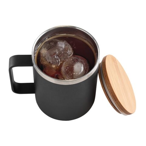 LAUDA. Mug en acier inoxydable recyclé à 90% avec couvercle en bambou 420 mL Noir | sans marquage
