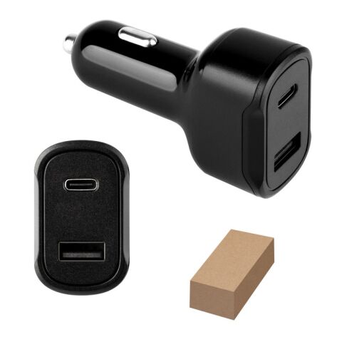DIRAC. Adaptateur allume-cigare avec port USB-A 18W et USB-C 20W en 100% rABS Noir | sans marquage