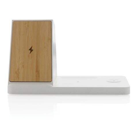 Chargeur 15W Ontario 3 en 1 plastique recyclé RCS et bambou blanc | sans marquage | non disponible | non disponible