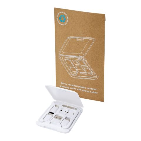 Câble de recharge modulaire en plastique recyclé Savvy avec support de téléphone Standard | Blanc transparent | sans marquage | non disponible | non disponible