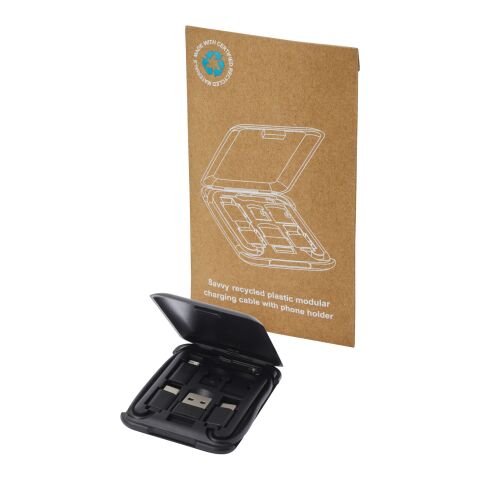 Câble de recharge modulaire en plastique recyclé Savvy avec support de téléphone Standard | noir | sans marquage | non disponible | non disponible
