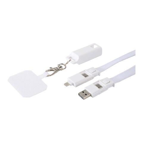Tour de cou pour smartphone Franz en plastique recyclé avec synchronisation des données intégrée et câble 5 en 1 pour charge rapide de 65 W Standard | Blanc | sans marquage | non disponible | non disponible | non disponible
