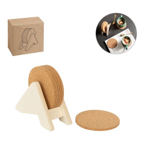 PLYCORK. Support en contreplaqué avec 6 sous-verres en liège Beige | sans marquage