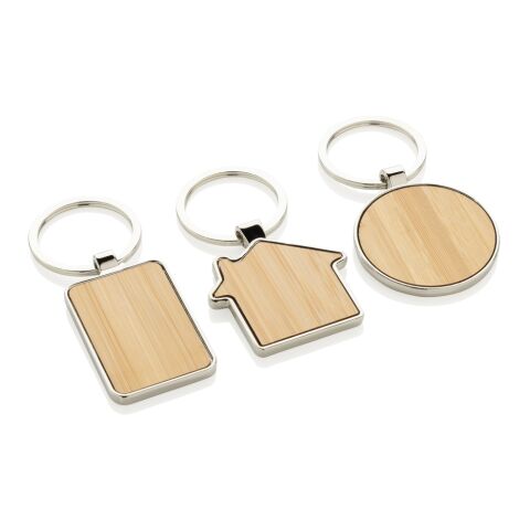 Porte-clés maison en alliage de zinc RCS et bambou argent-marron | sans marquage | non disponible | non disponible