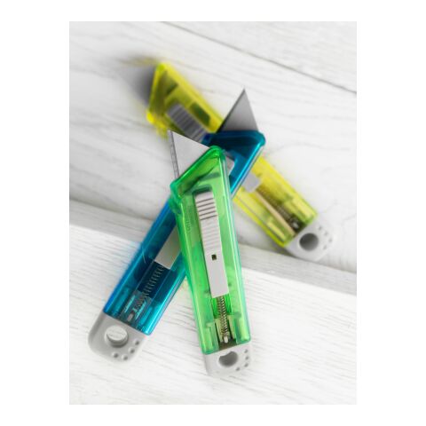 Cutter publicitaire en plastique translucide bleu | sans marquage | non disponible | non disponible